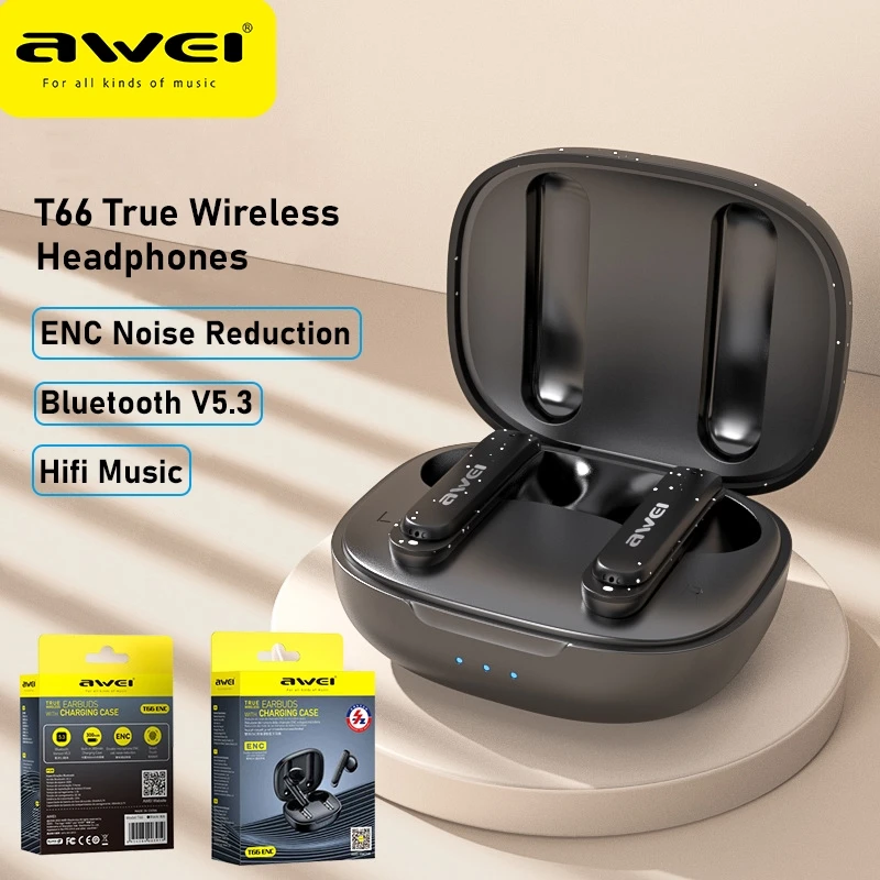 Awei T66 Earphone Bluetooth 5.3 Earbuds Stereo Sports Earphones Wireless Bluetooth Headset ENC